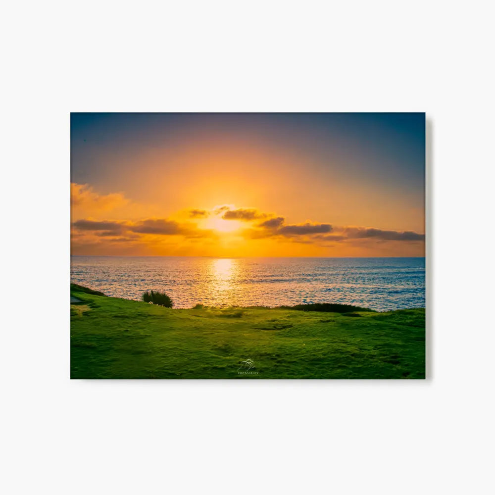 A rectangular wall art print showing a coastal sunset with green grass in the foreground, blue water, and an orange-yellow sky, displayed against a light gray background.
