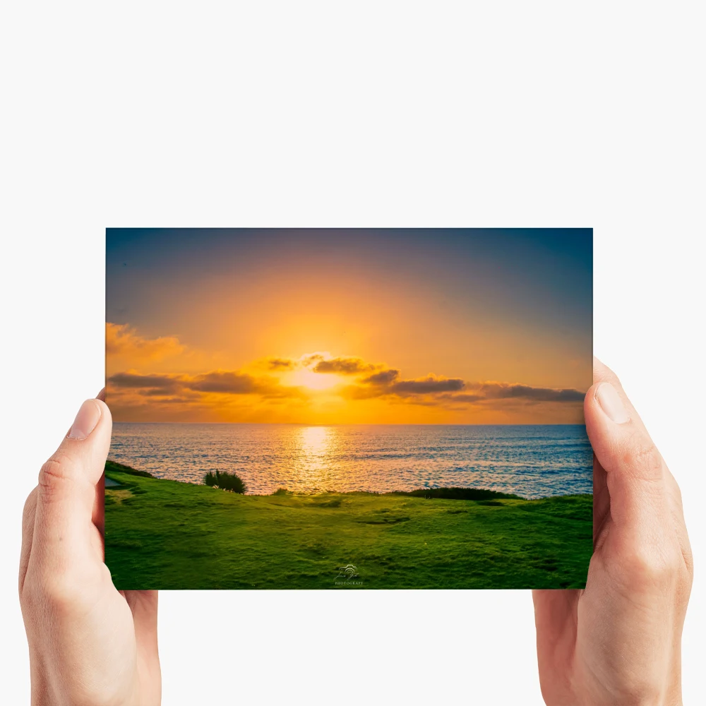 A person holds a rectangular art print or poster showing a coastal sunset scene with green grass in the foreground, blue water, and an orange-yellow sky, against a plain light background.
